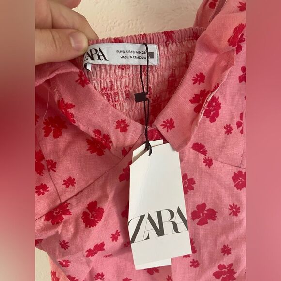 NWT Zara Floral Ruffle Linen V-Neck Mini Dress Pink/ Red Sz S - Picture 5 of 14